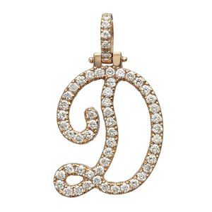 Round Cut Diamond "D" Calligraphy Initial Letter Pendant 14K Yellow Gold 1.08Ctw